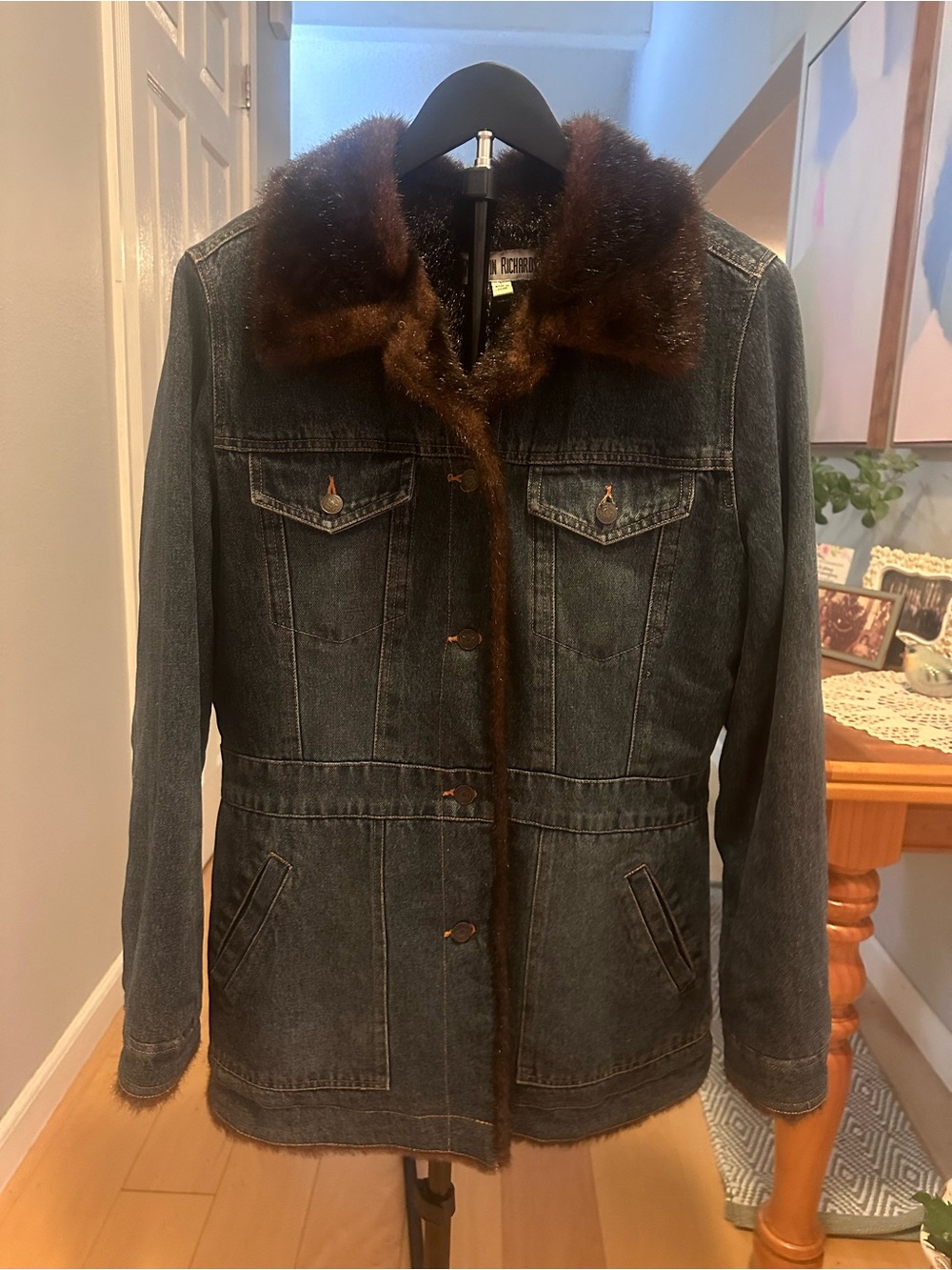 Marvin Richards Faux Fur Lined Blue Denim Jean Jacket Coat Size L